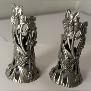 Pr  1990 Seagull Signed Pewter Taper Candle Holder CANDLESTICKS Daffodil Pattern